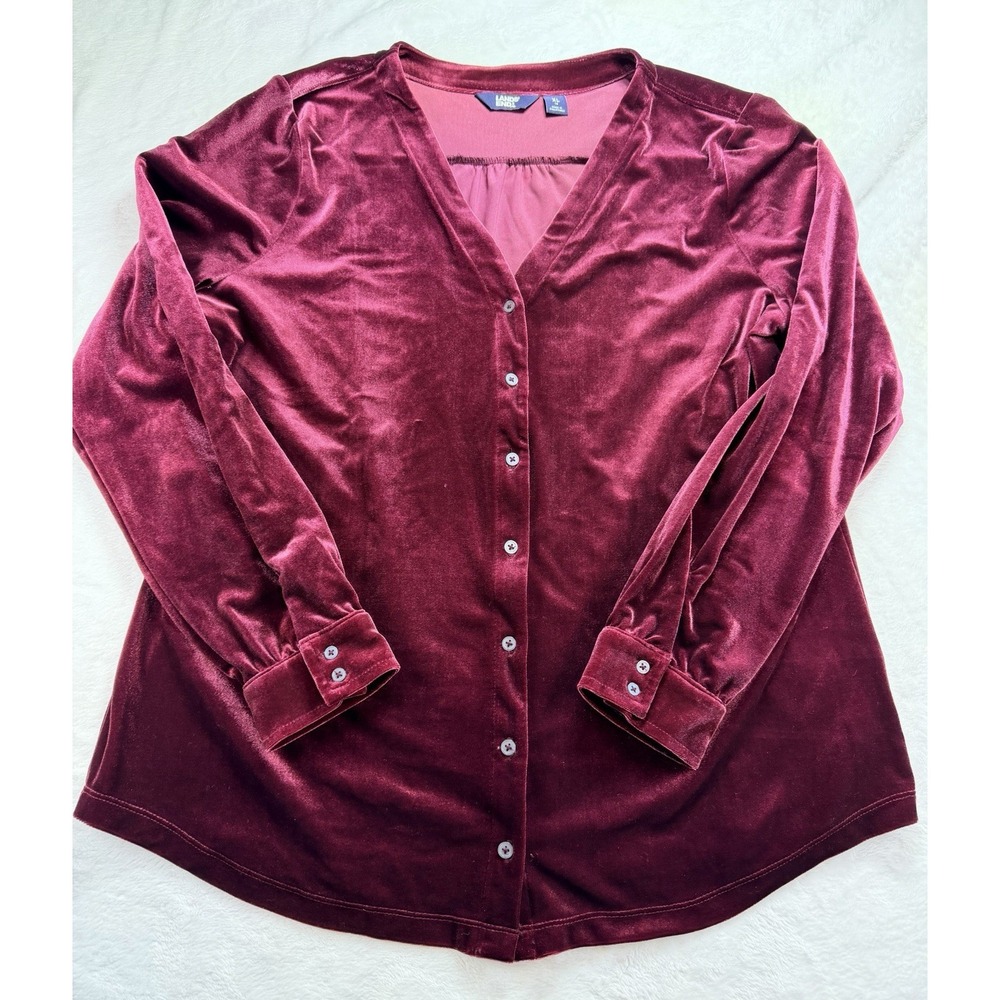 Lands' End Velvet Blouse XL Burgundy‎ Wine V-Neck Button Front Long Sleeve Top
